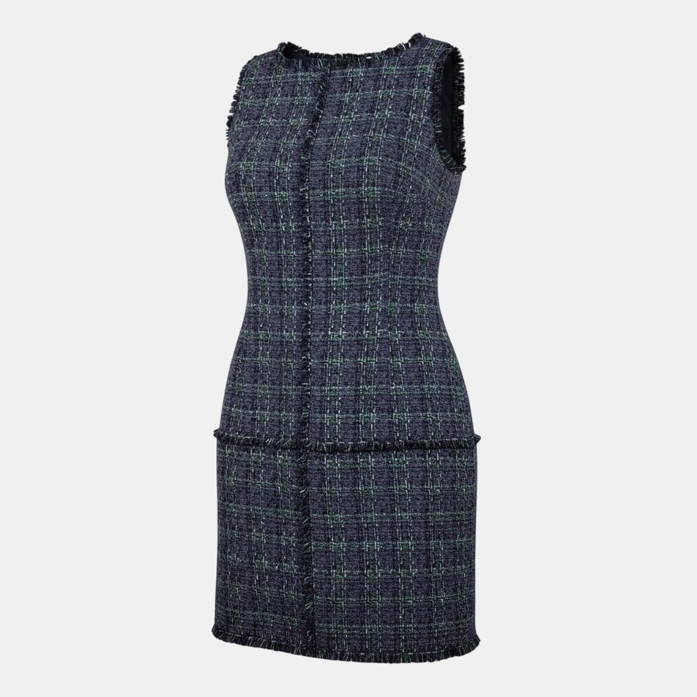 Sail to Sable Womens Dress S Blue Green Plaid Tweed Shift Fringe Mini Sleeveless
